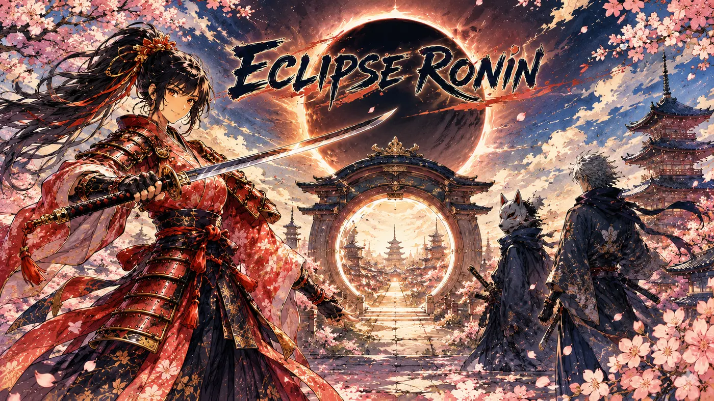 Eclipse Ronin key art: a ronin in crimson armour drawing her katana under a total eclipse, a shrine gate glowing behind her among cherry blossoms
