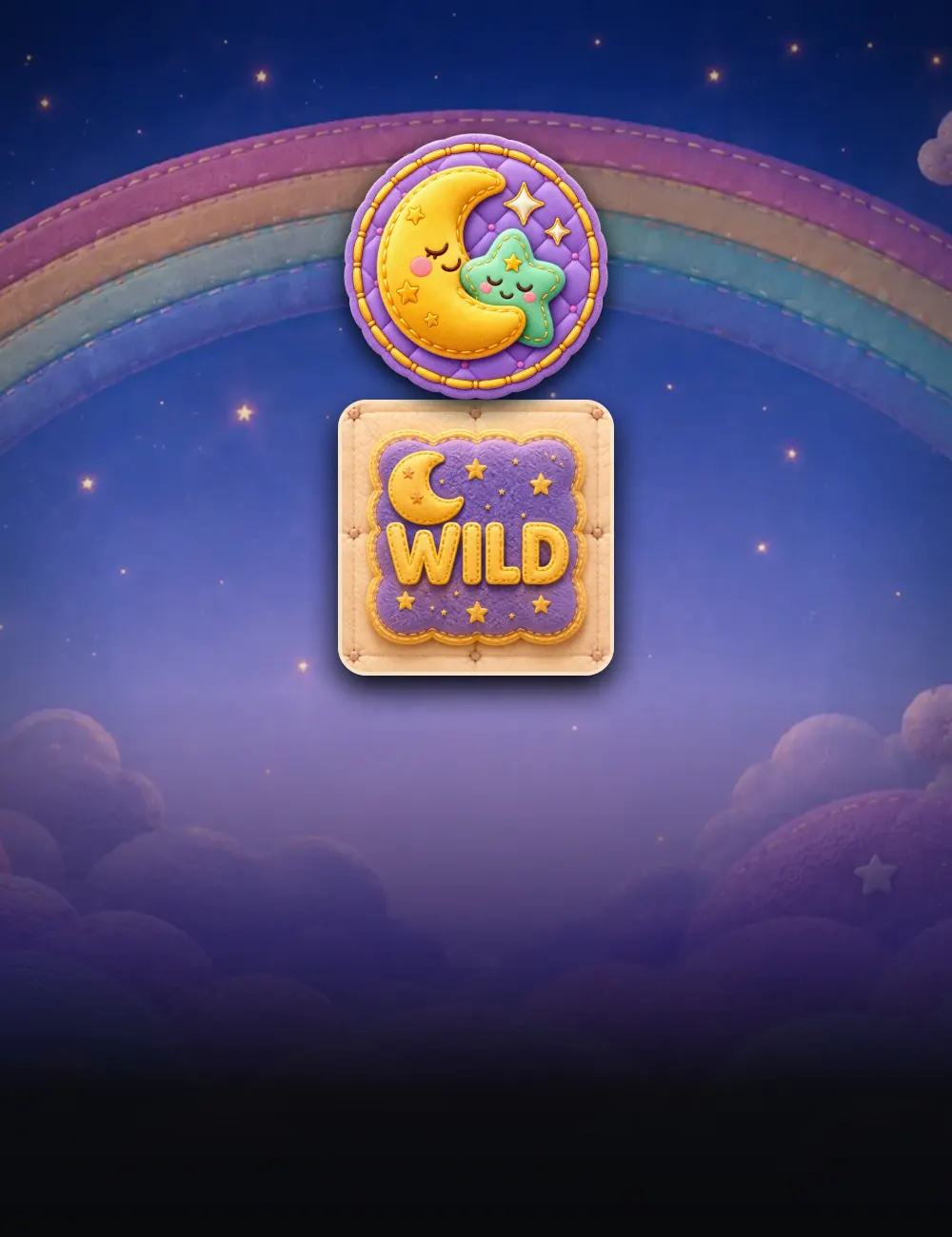 Dream Quilt poster: the crescent-moon emblem over a quilted rainbow sky, with the game's stitched wild below it