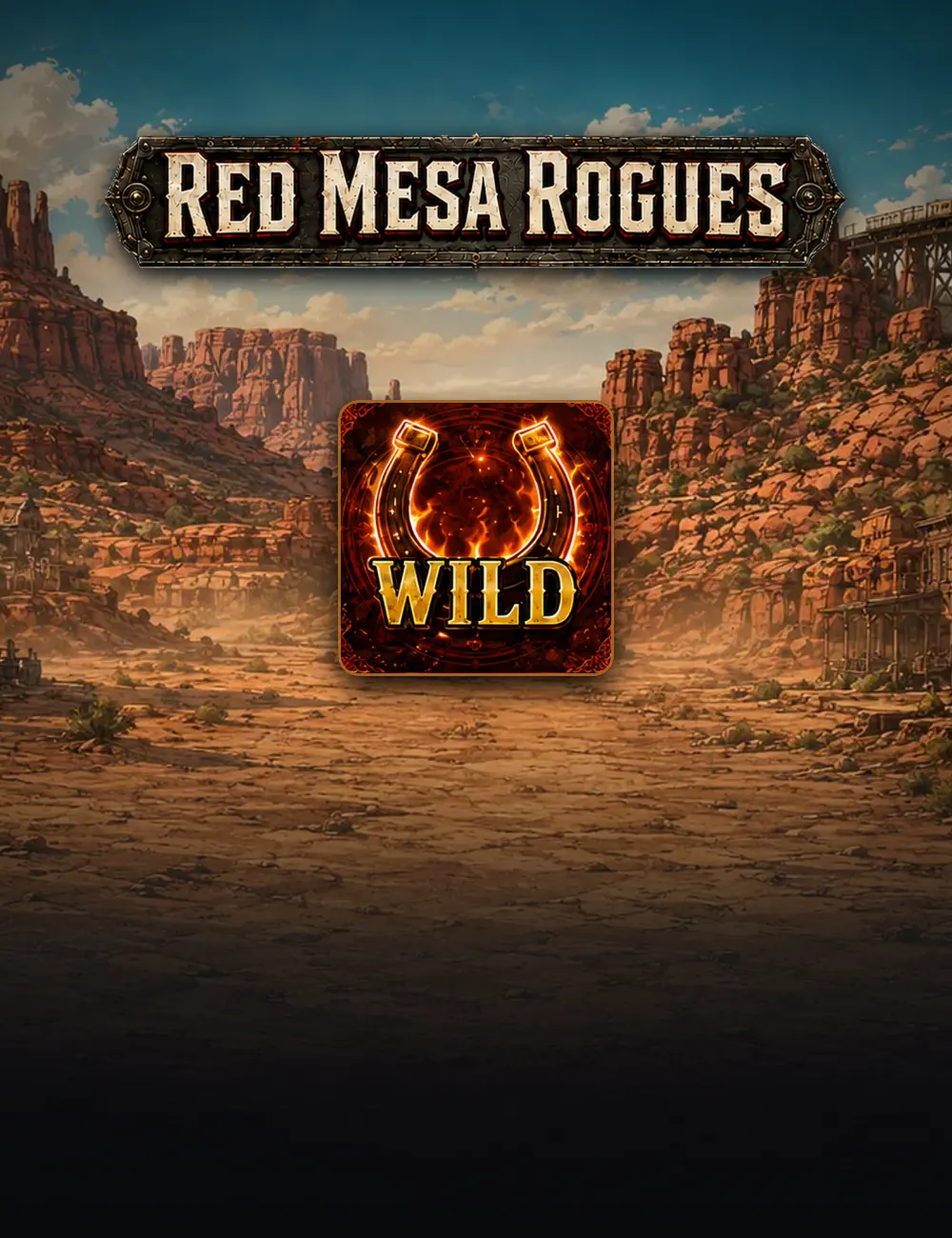 Red Mesa Rogues II poster: the logo over a turquoise-sky canyon with a train on the trestle, and the game's burning-horseshoe wild below it